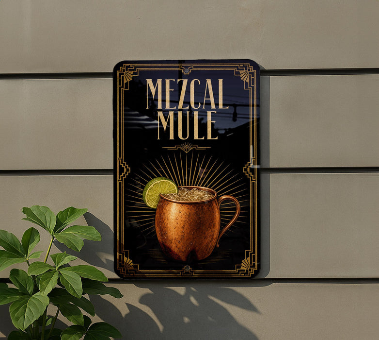 A sign for a Mezcal Mule cocktail is displayed on a wall, featuring an illustration of a copper mug with a lime slice.