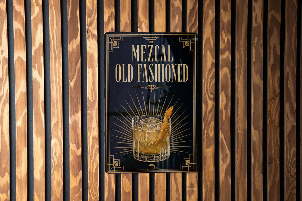 A sign for "Mezcal Old Fashioned" is displayed on a wooden wall.