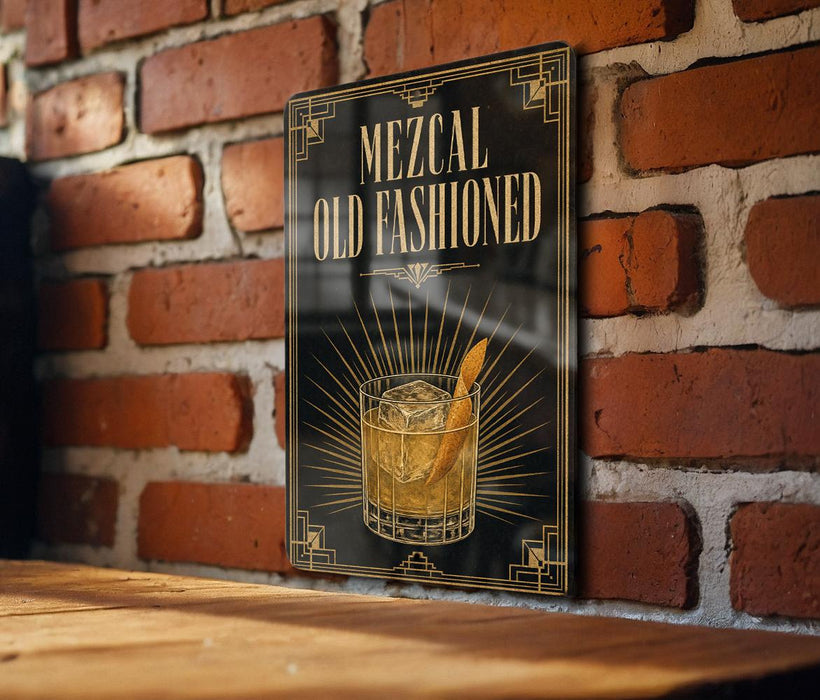 A sign with the text "MEZCAL OLD FASHIONED" and an illustration of a cocktail glass with a lemon peel.
