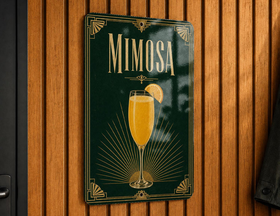 A sign for mimosa is hanging on a wooden wall.