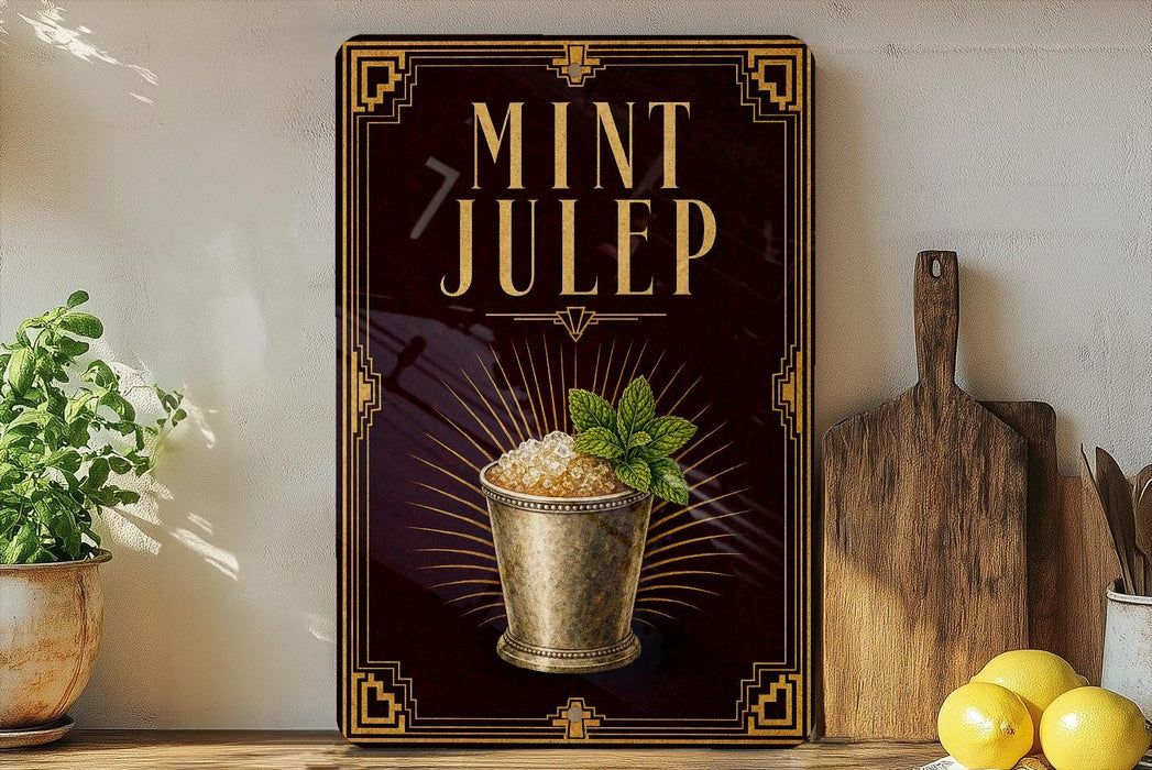 A framed poster with the text "MINT JULEP" and an illustration of a mint julep drink, surrounded by decorative elements and a wooden cutting board.