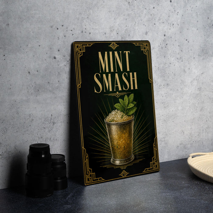 a framed illustration of a mint-based cocktail, with the text "MINT SMASH" prominently displayed.