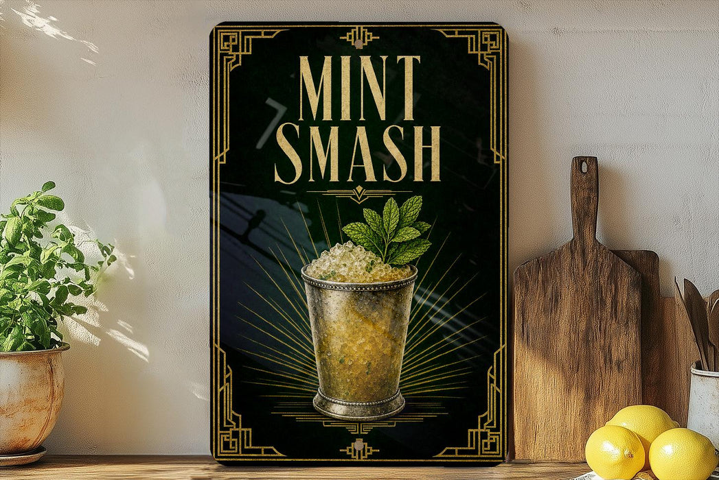 A framed poster with the text "MINT SMASH" and an illustration of a glass containing a mint-flavored beverage, surrounded by decorative elements.