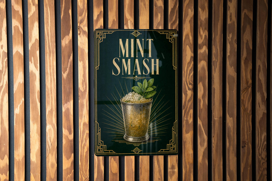 A sign for a mint smash cocktail is displayed on a wooden wall.