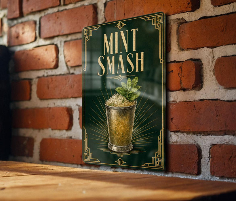 A sign with the text "MINT SMASH" and an illustration of a mint-flavored drink in a glass, mounted on a brick wall.