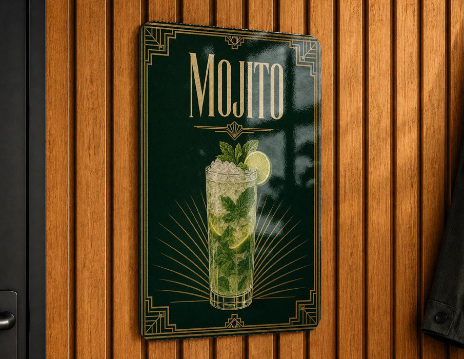 A decorative sign for a mojito cocktail, featuring a glass illustration and the word "Mojito" prominently displayed.