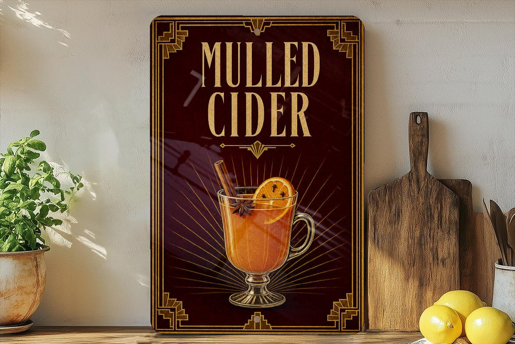 A framed advertisement for "Mulled Cider" featuring an illustration of a glass mug filled with a warm, spiced beverage garnished with a slice of lemon and a cinnamon stick.