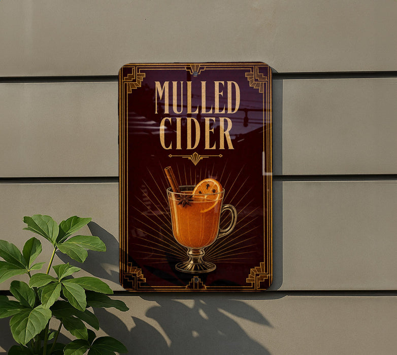 A sign advertising "Mulled Cider" is displayed on a wall, featuring an illustration of a mug filled with a warm beverage and garnished with an orange slice.