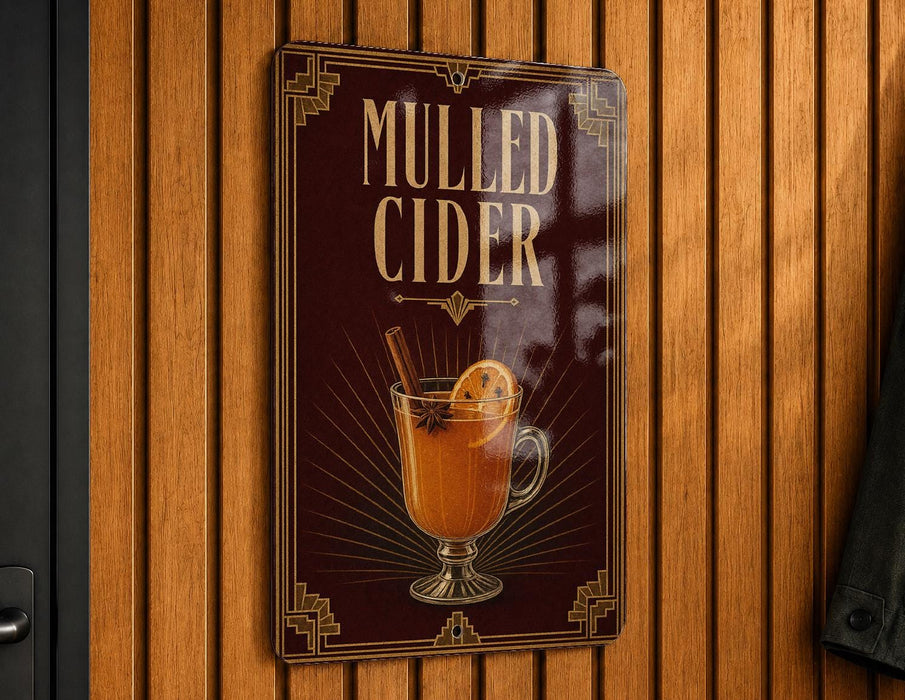 A sign on a wooden wall advertising "Mulled Cider".