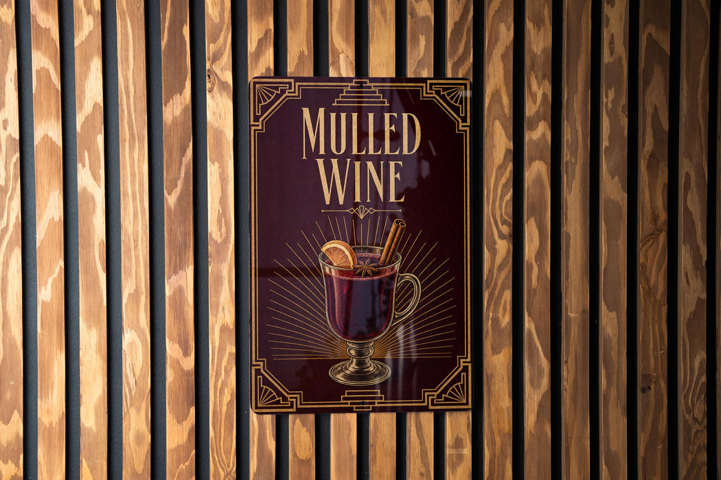 A poster advertising "Mulled Wine" is displayed on a wooden wall.