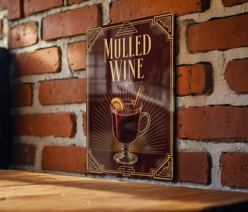 A sign for "Mulled Wine" is displayed on a brick wall, featuring an illustration of a glass of mulled wine with a lemon slice.
