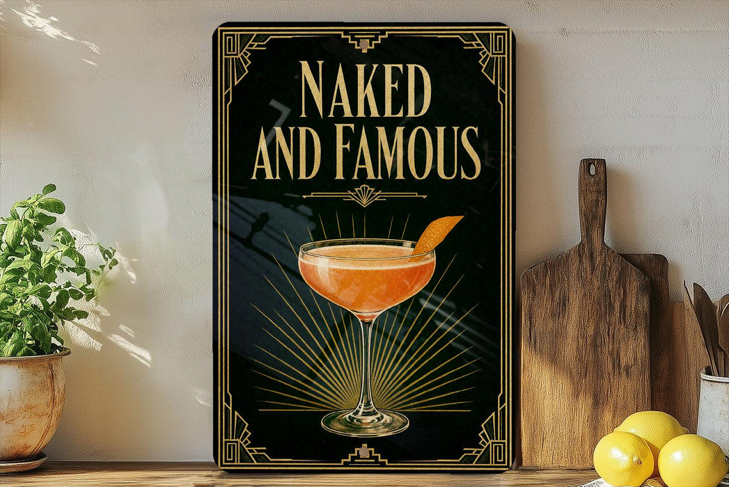 a framed poster with the text "Naked and Famous" and an illustration of a cocktail glass with a garnish.