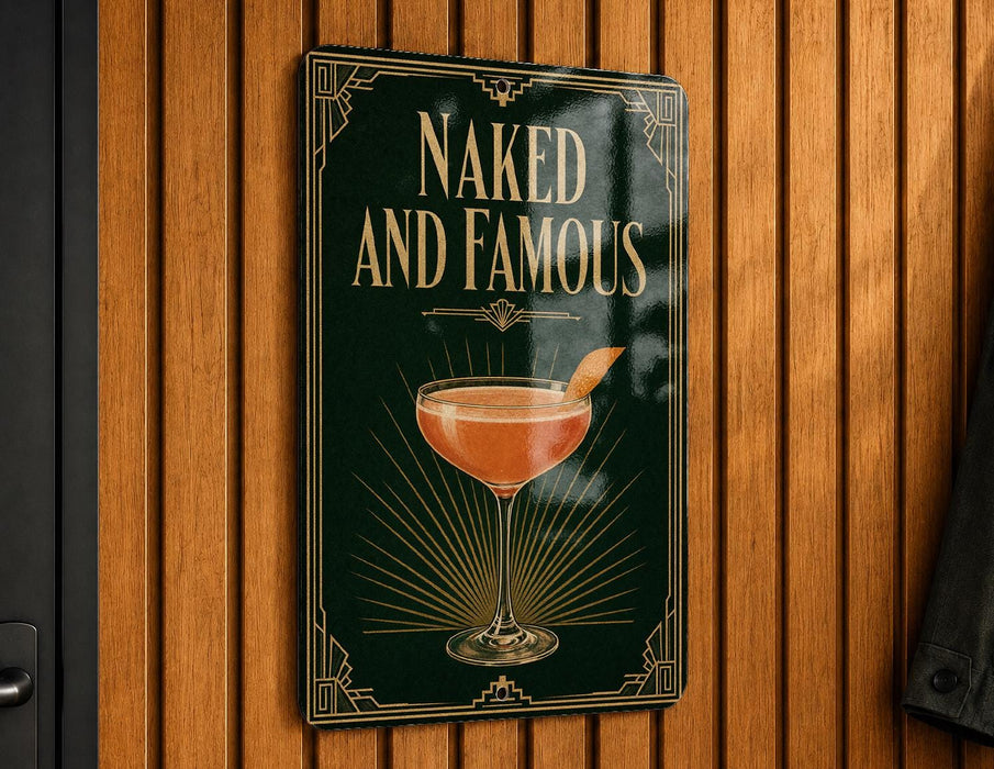 A sign that reads "Naked and Famous" with an illustration of a cocktail on a green background.