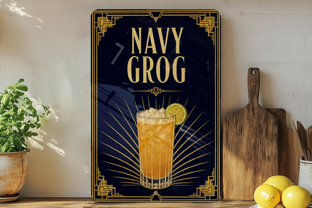 A framed poster with the text "NAVY GROG" and an illustration of a cocktail with a lemon slice. The poster is displayed on a wall next to a wooden cutting board and a potted plant.