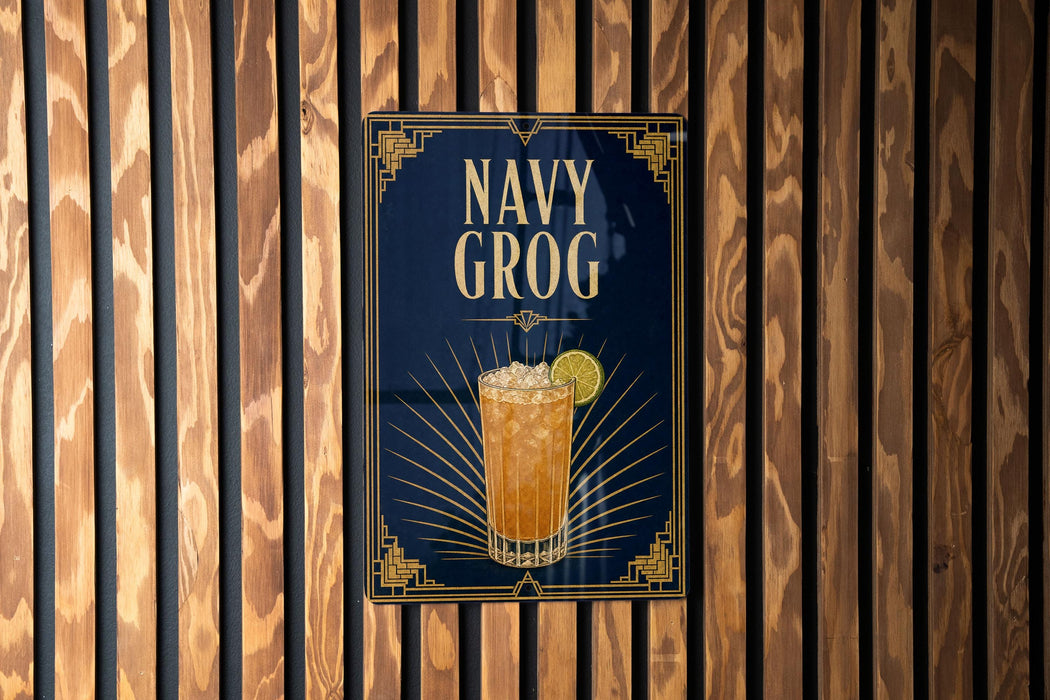 A poster for a drink called "NAVY GROG" is displayed on a wooden wall.