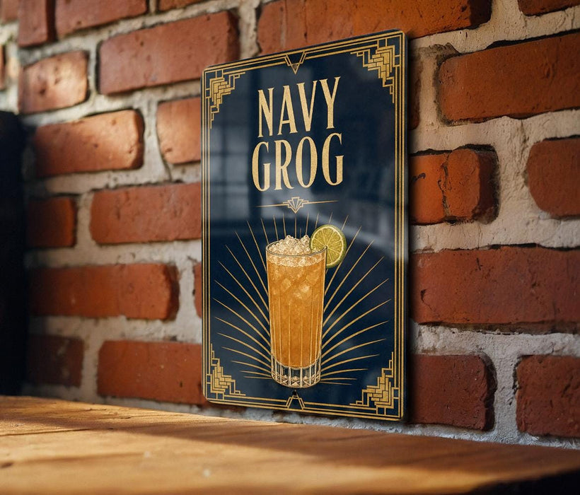 A decorative sign with the text "NAVY GROG" and an illustration of a cocktail is displayed on a brick wall.