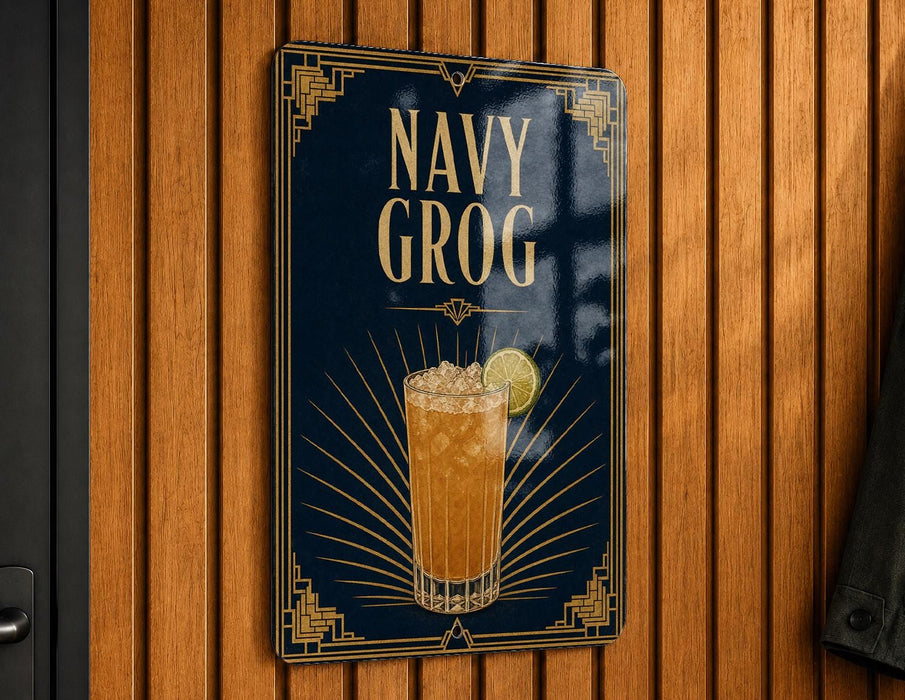 A sign for a drink called "NAVY GROG" is displayed on a wooden wall.