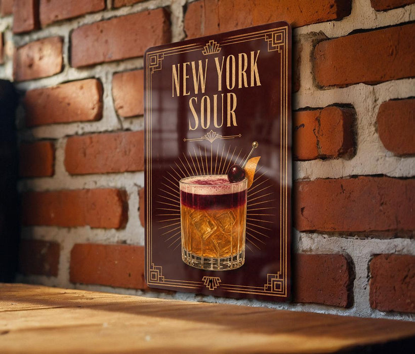 A decorative sign for "New York Sour" cocktail, featuring an illustration of a glass filled with a yellow-colored drink and garnished with a cherry.