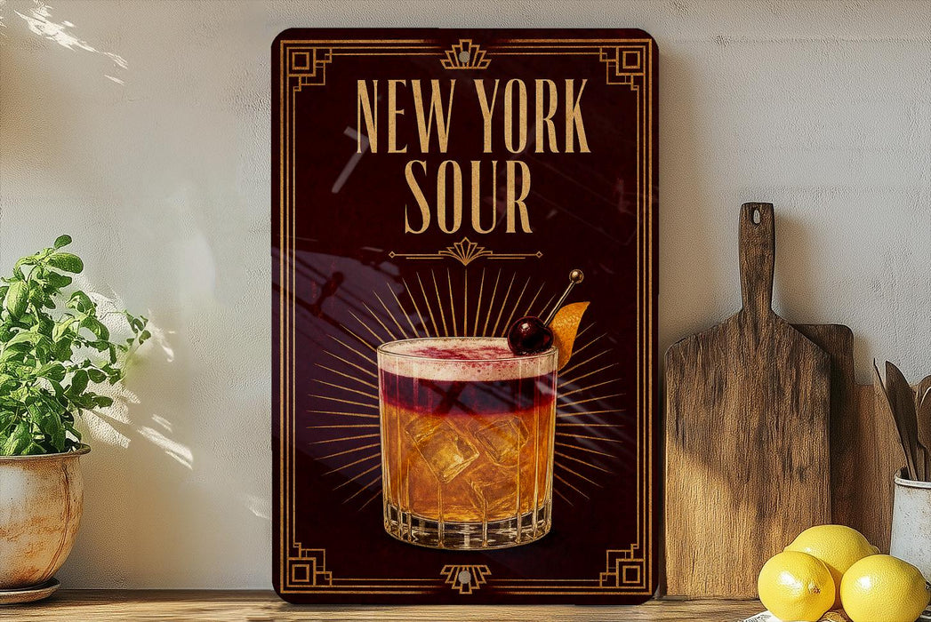 A decorative sign for "New York Sour" cocktail, featuring a glass illustration and a cherry on top, placed on a wooden surface with a potted plant and a cutting board nearby.