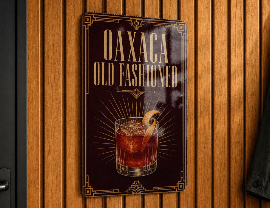 a sign that reads "Oaxaca Old Fashioned" with an illustration of a cocktail on it.