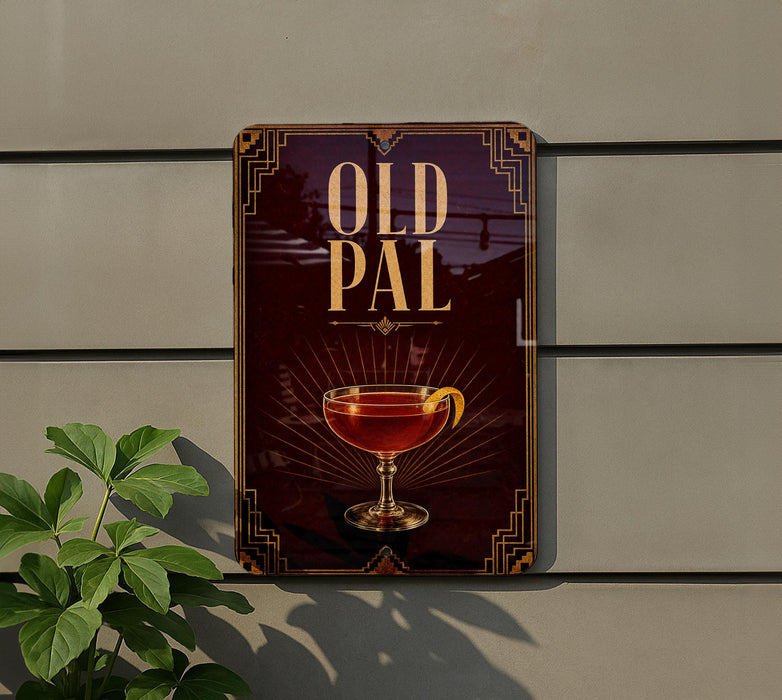 a sign with the word "OLD PAL" prominently displayed, along with an illustration of a glass containing a red liquid, possibly a cocktail or wine.