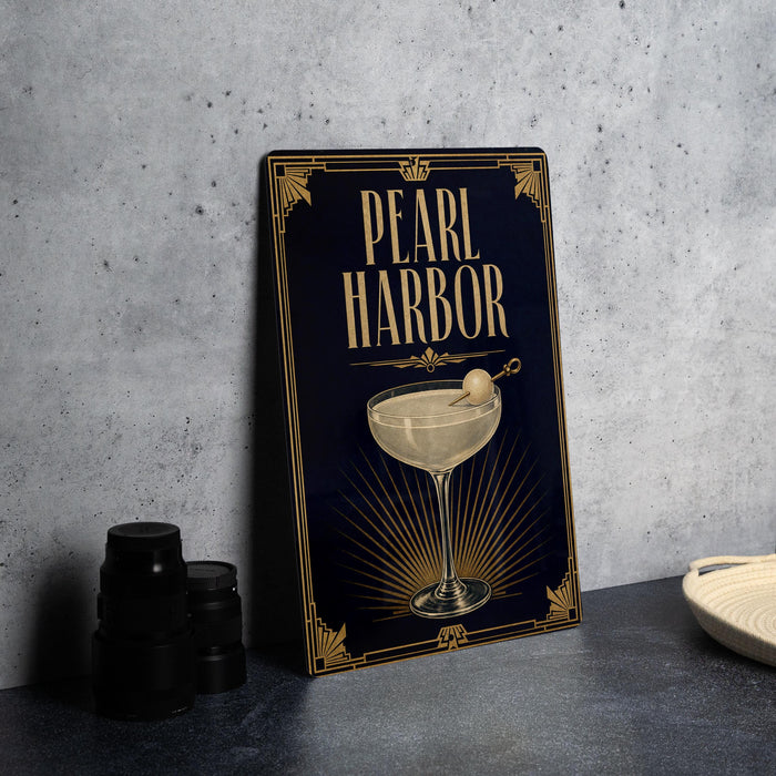 A framed poster with the title "PEARL HARBOR" and an illustration of a cocktail glass on a dark background.