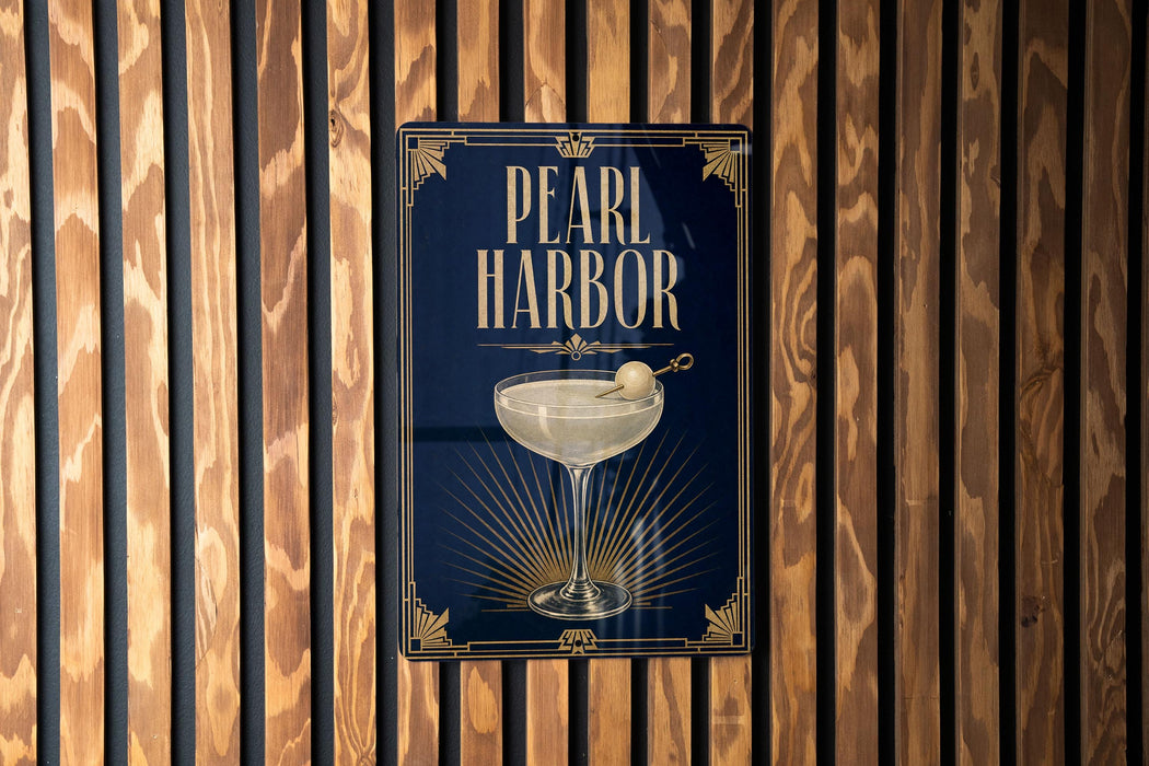 A sign for "Pearl Harbor" is displayed on a wooden wall.
