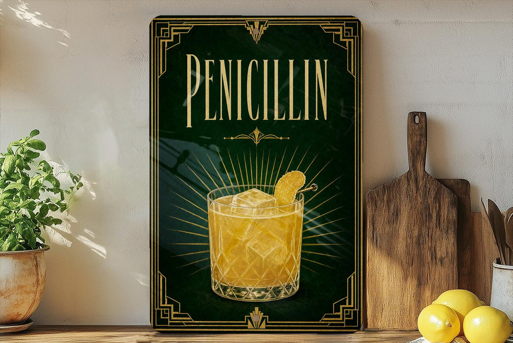 A framed advertisement for a drink called "Penicillin" with a glass of the drink and lemon slices, placed on a wooden shelf next to a cutting board and a potted plant.