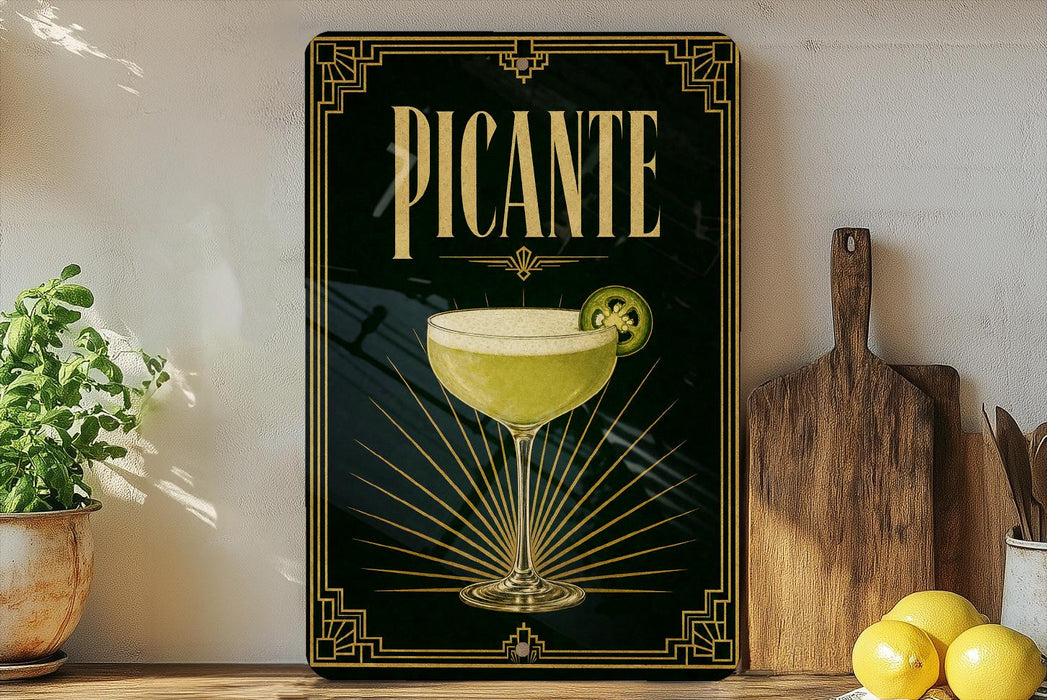 A framed poster of a cocktail with the word "PICANTE" prominently displayed, along with a decorative border and a glass illustration. The poster is placed on a shelf next to a wooden cutting board and a potted plant.