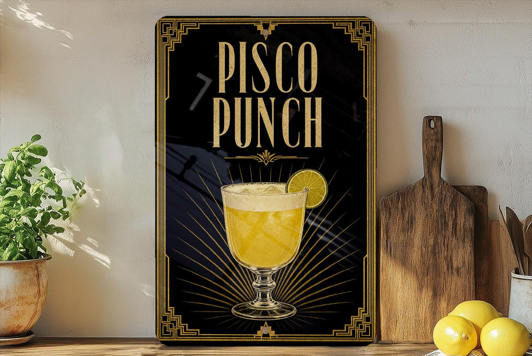 A framed poster of a pisco punch drink is displayed on a wall, with a wooden cutting board and a potted plant to the side.