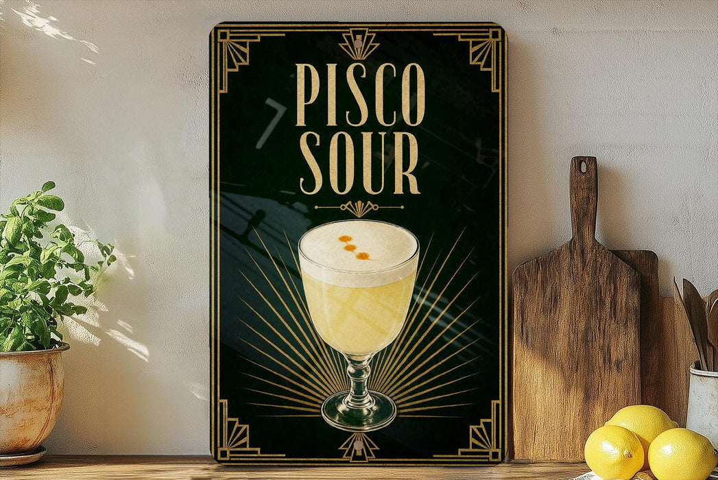 A framed poster with an illustration of a cocktail glass filled with a yellow drink, surrounded by decorative elements, placed on a shelf next to a wooden cutting board and a potted plant.