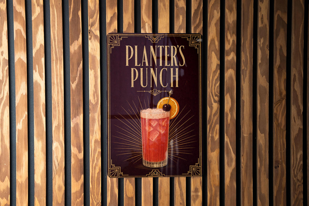 A sign for "Planners Punch" is displayed on a wooden wall.