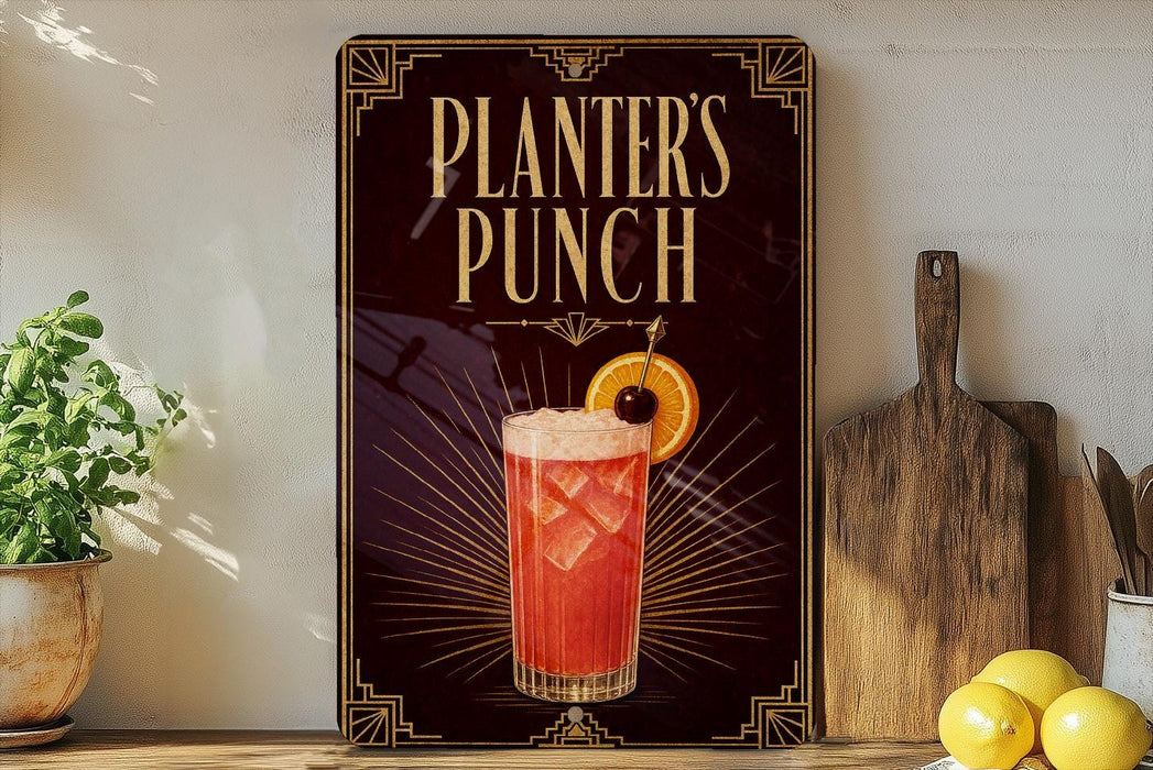 A decorative sign for "Planners Punch" is displayed on a wooden shelf, accompanied by a potted plant, a cutting board, and some lemons.