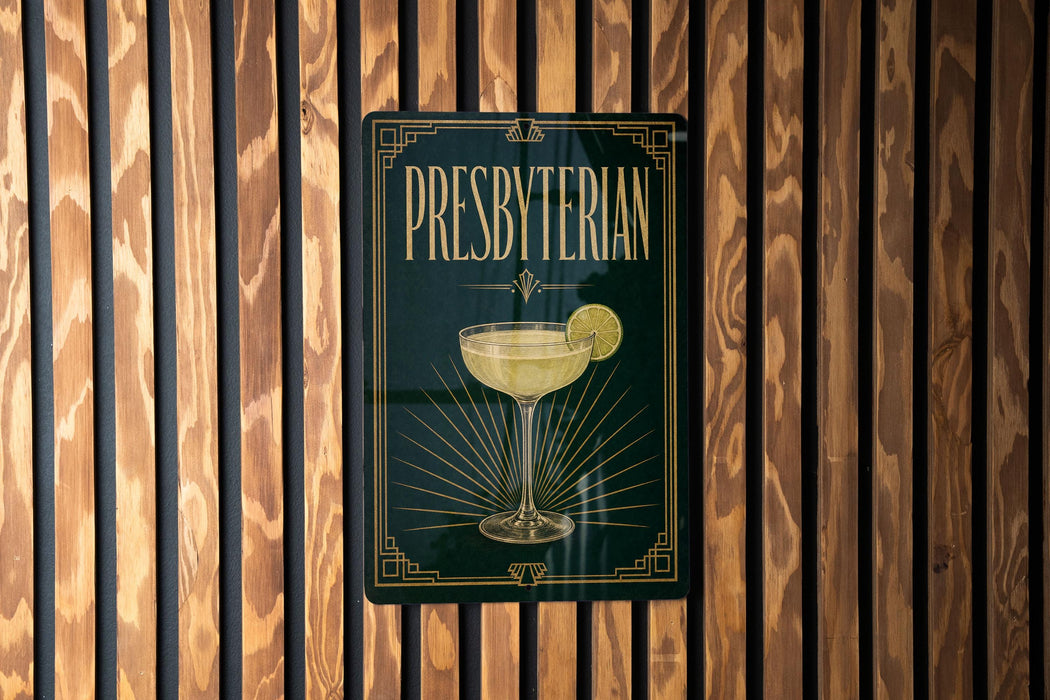 A sign for "Presbyterian" cocktail is displayed on a wooden wall.