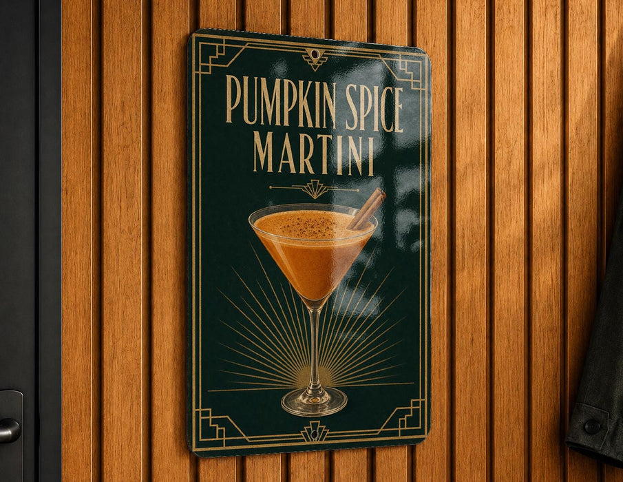A sign for a pumpkin spice martini is displayed on a wooden wall.