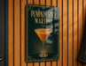 A sign for a pumpkin spice martini is displayed on a wooden wall.
