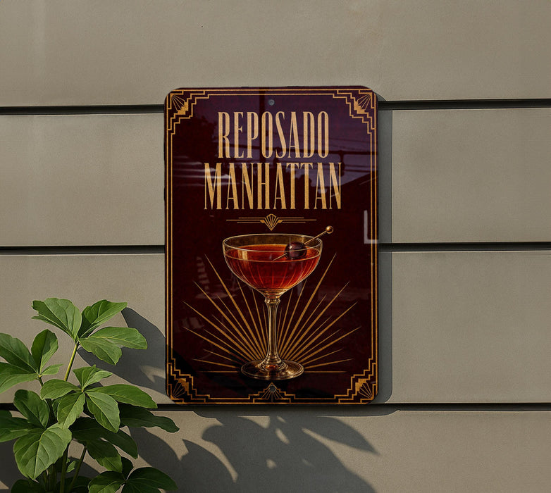 a sign for "Reposado Manhattan" with a glass of Manhattan cocktail depicted on it.