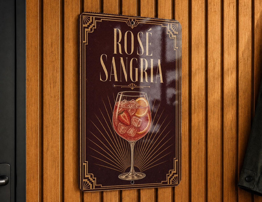 A sign for "Rose Sangria" is displayed on a wooden wall, featuring an illustration of a glass filled with a red liquid and garnished with a strawberry.