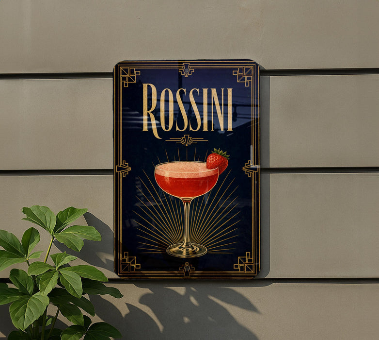 A decorative sign for "Rossini" cocktail, featuring a glass of red cocktail with a strawberry garnish, mounted on a wall.