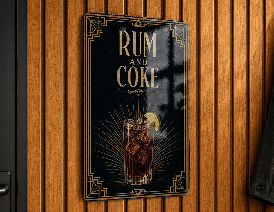 A sign that reads "RUM AND COKE" with an illustration of a glass of rum and a lime on a wooden wall.