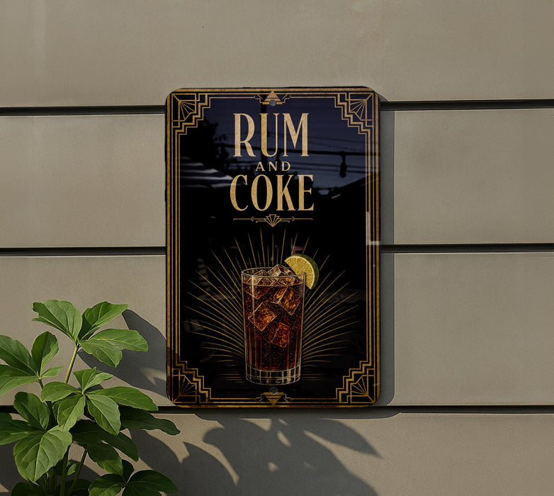 a sign with the text "RUM AND COKE" and an illustration of a glass of rum with a lemon slice.