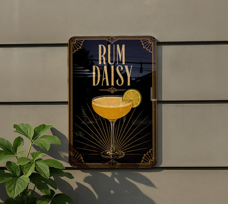 a sign with the text "RUM DAISY" and an illustration of a cocktail glass with a lemon slice.