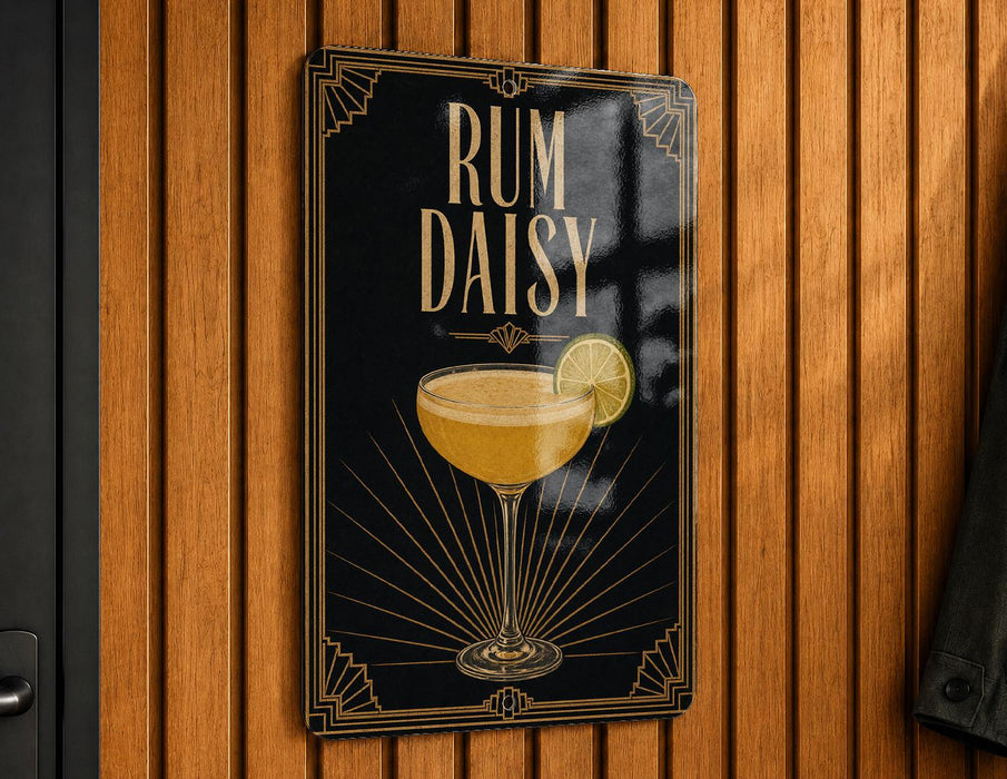 A sign with the text "RUM DAISY" and an illustration of a cocktail glass with a lemon slice.