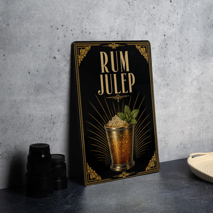a framed advertisement for a rum julep cocktail, with a glass illustration and decorative elements.