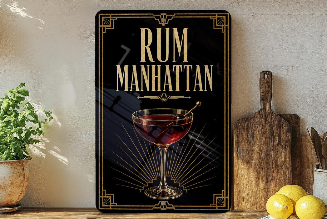 a decorative sign with the text "RUM MANHATTAN" and an illustration of a glass of rum with a straw.