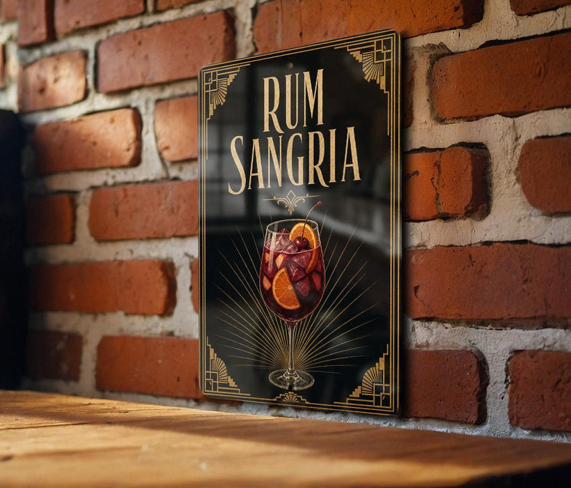 A sign for "RUM SANGRIA" is displayed on a brick wall, featuring an illustration of a glass filled with a red drink and garnished with orange slices.