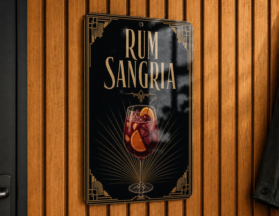A sign for "RUM SANGRIA" is displayed on a wooden wall, featuring an illustration of a glass filled with a red drink and garnished with orange slices.