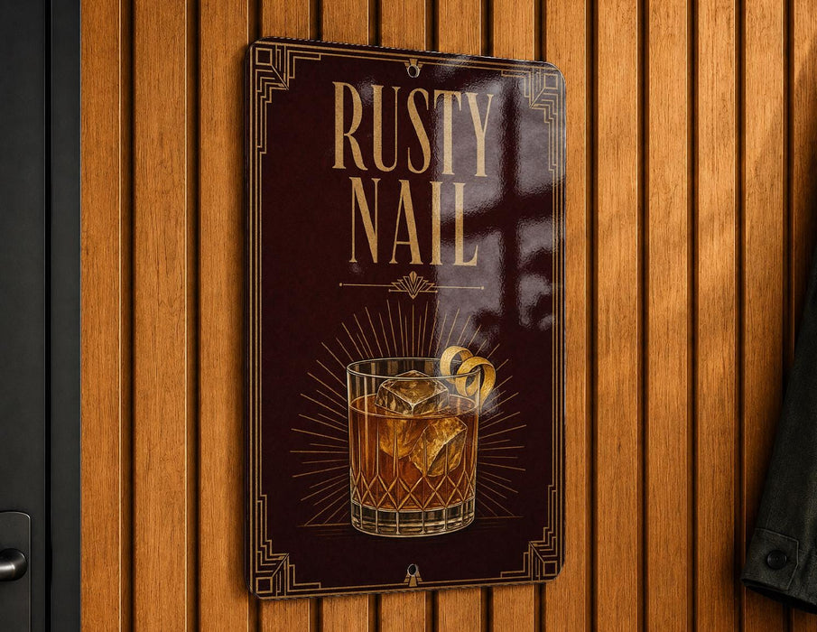 A sign that reads "RUSTY NAIL" with an illustration of a cocktail on the bottom.