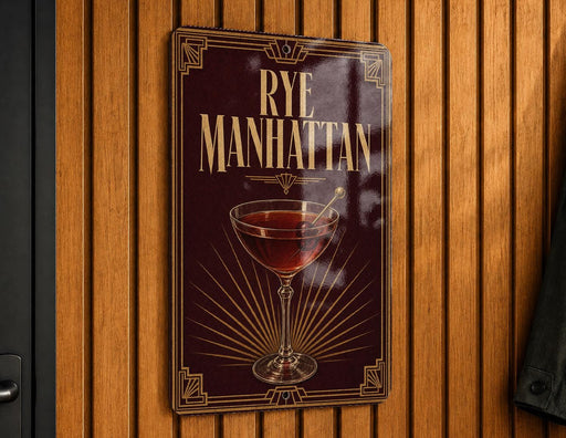 A metallic sign with a vintage-style design hangs on a wooden wall, featuring an illustration of a martini glass and the text "RYE MANHATTAN" in a decorative font.