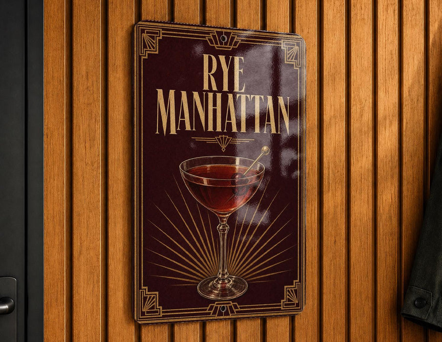 A metallic sign with a vintage-style design hangs on a wooden wall, featuring an illustration of a martini glass and the text "RYE MANHATTAN" in a decorative font.